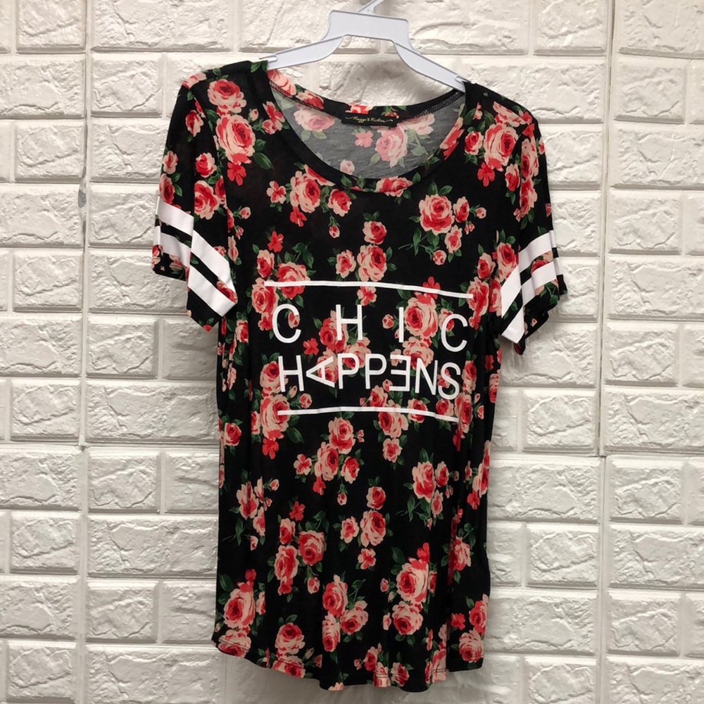 Raggs II‎ Riches floral rose print graphic tee CHIC HAPPENS junior size M